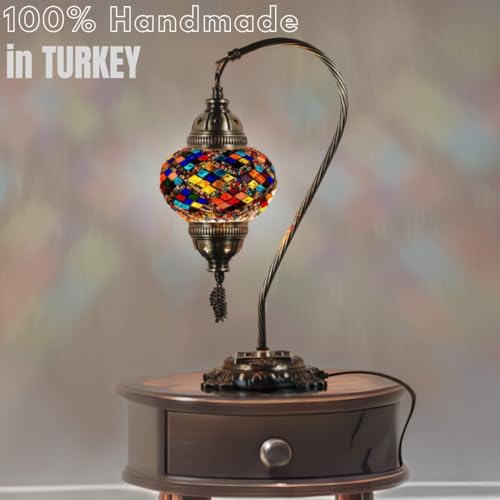 Turkish Moroccan Mosaic Table Lamp Handcrafted Tiffany-Style Colorful Glass Swan Neck Bedside Desk Table Light Boho Artisan Accent Lighting 15" H Black White Q3311
