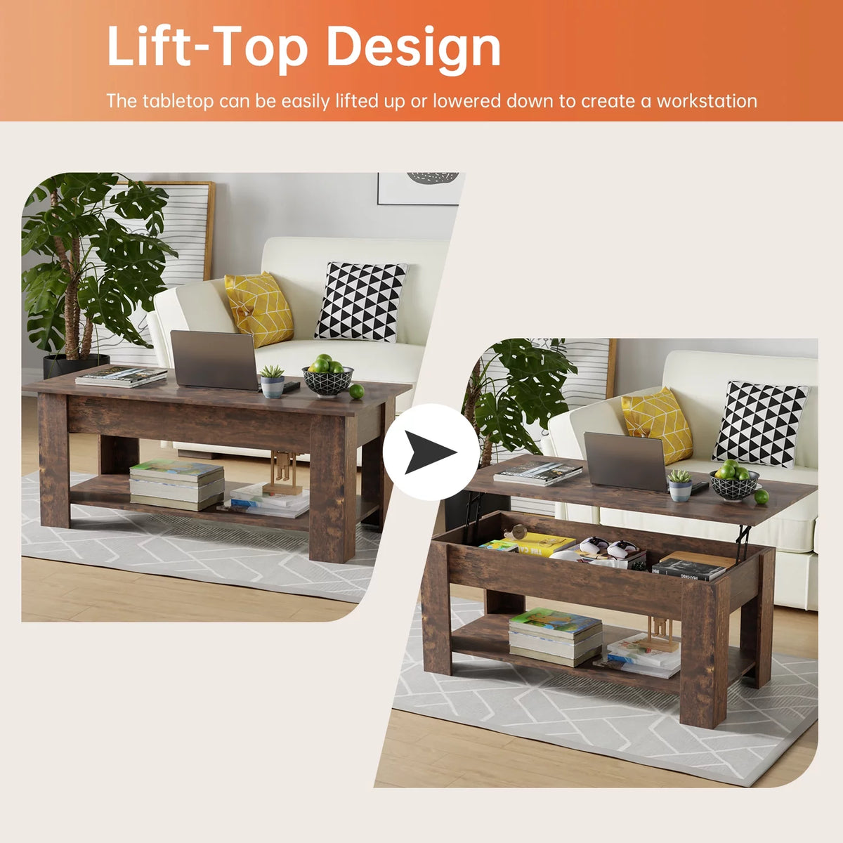 Brown Lift Top Coffee Table with Hidden Compartment and Storage Shelf L183008