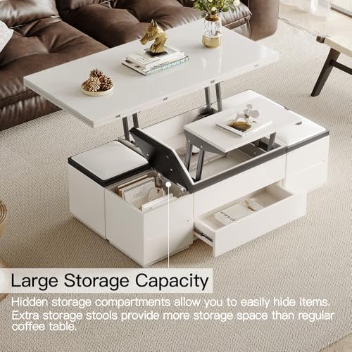 White Lifting Top Coffee Table with Four Stools T189770