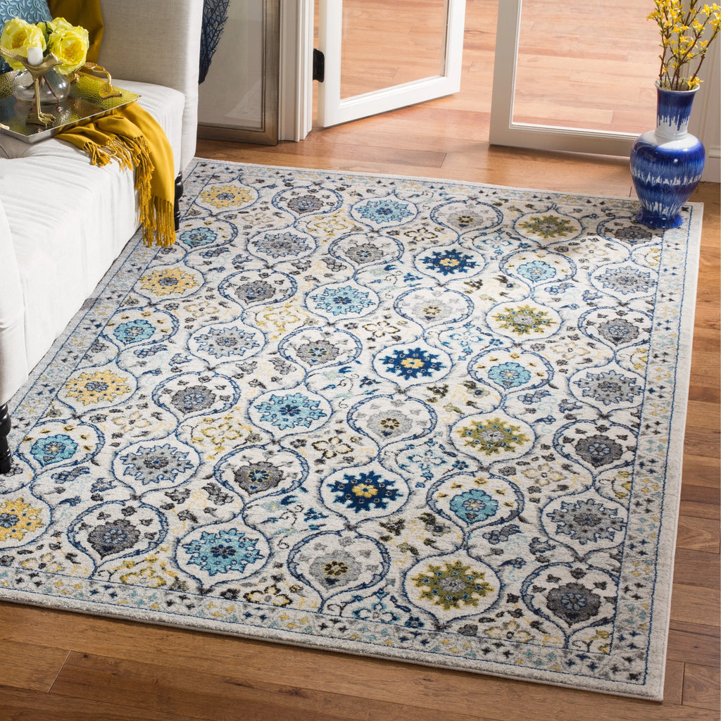 Ivory Blue 8' x 10' Floral Geometric Area Rug F2212