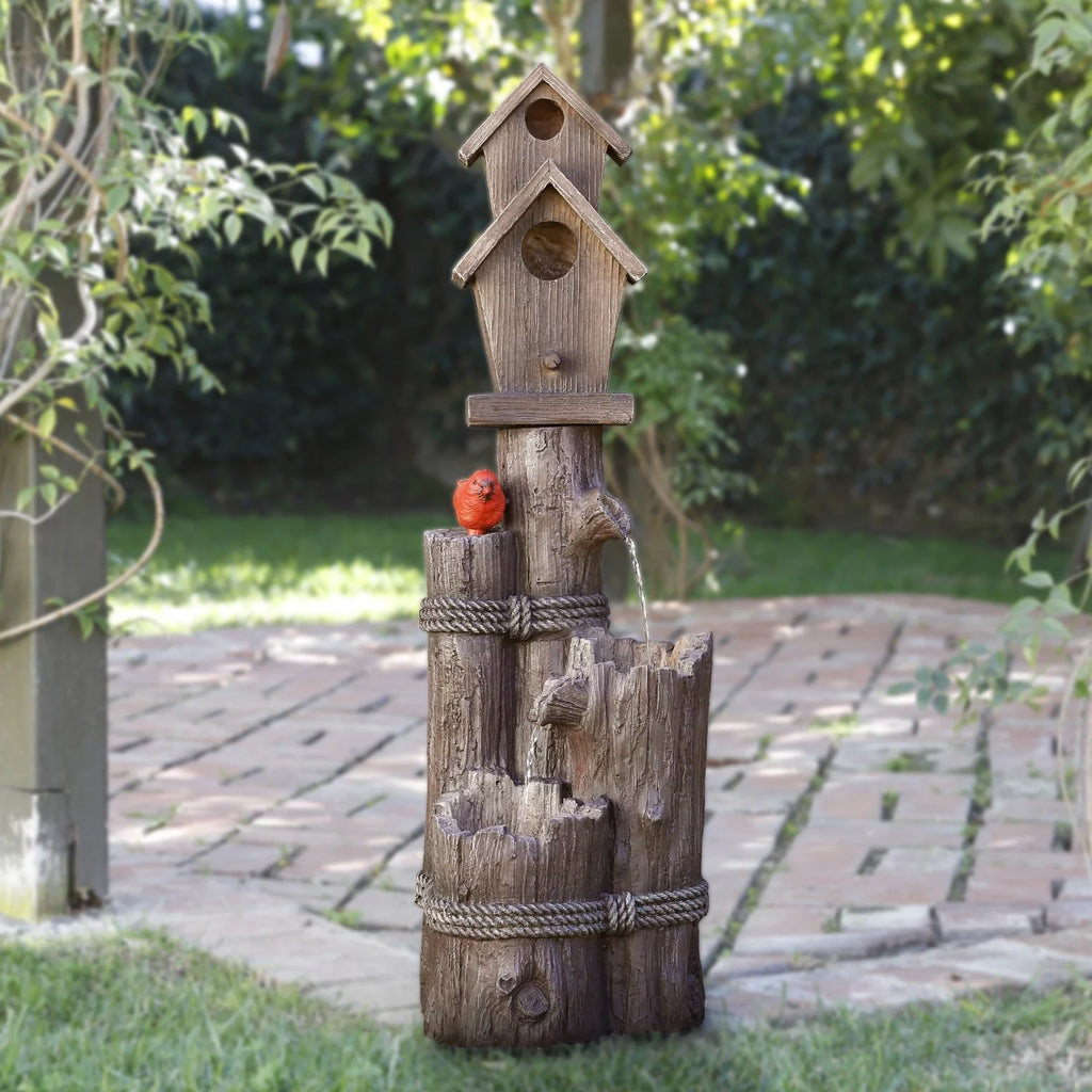 35-Inch Fountain and Birdhouse with Cardinal Figurine C84782