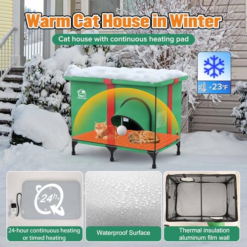 Weatherproof Insulated Outdoor Cat House with Heated Pad and Cooling Pad R975