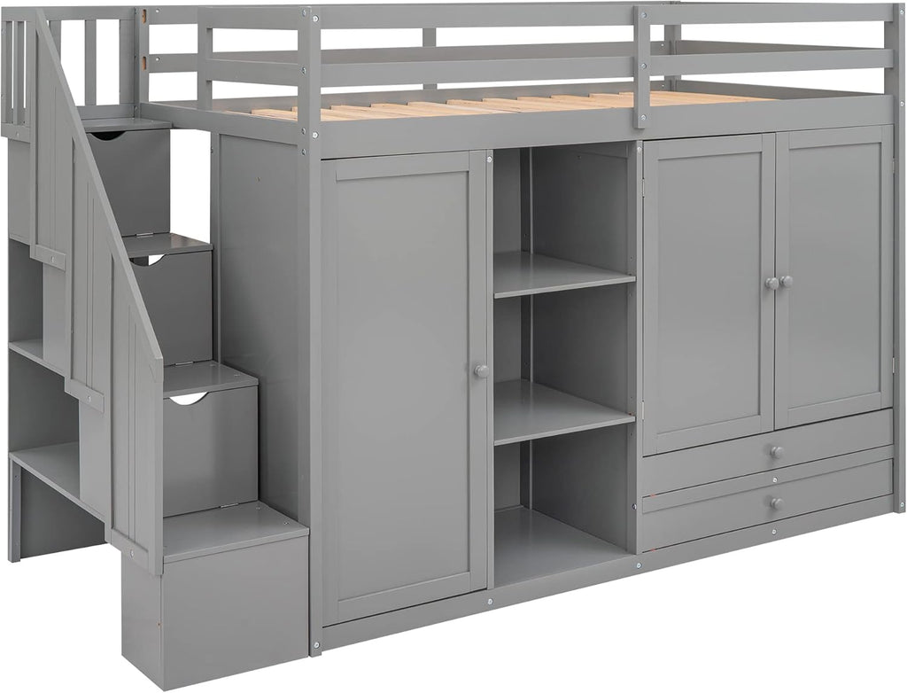 Twin Size Wooden Loft Bed with 3 Shelves, 2 Wardrobes, 2 Drawers, Ladder E814716