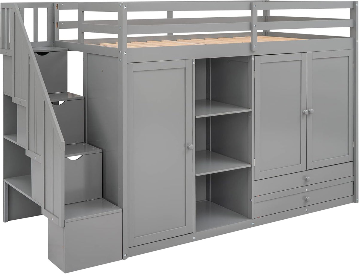 Twin Size Wooden Loft Bed with 3 Shelves, 2 Wardrobes, 2 Drawers, Ladder E814716