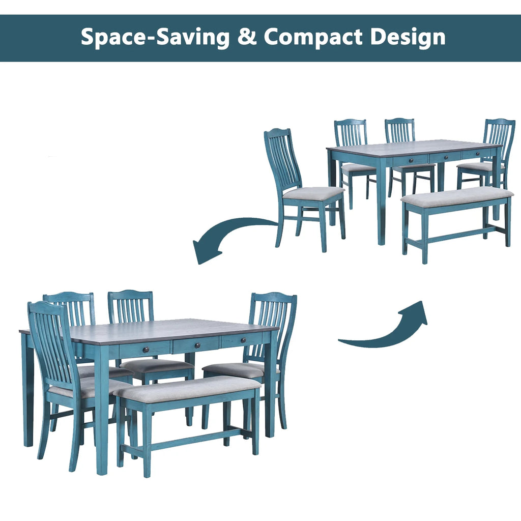 6 Pieces Wood Dining Table Set with Drawer and Bench Q18848