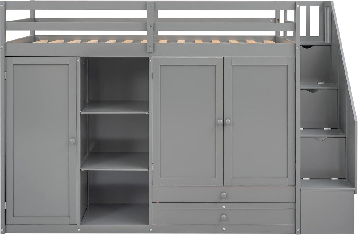 Twin Size Wooden Loft Bed with 3 Shelves, 2 Wardrobes, 2 Drawers, Ladder E814716
