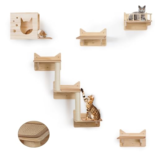 9-Piece Wall-Mounted Cat Shelves Set with 2 Sisal Scratching Posts A489234