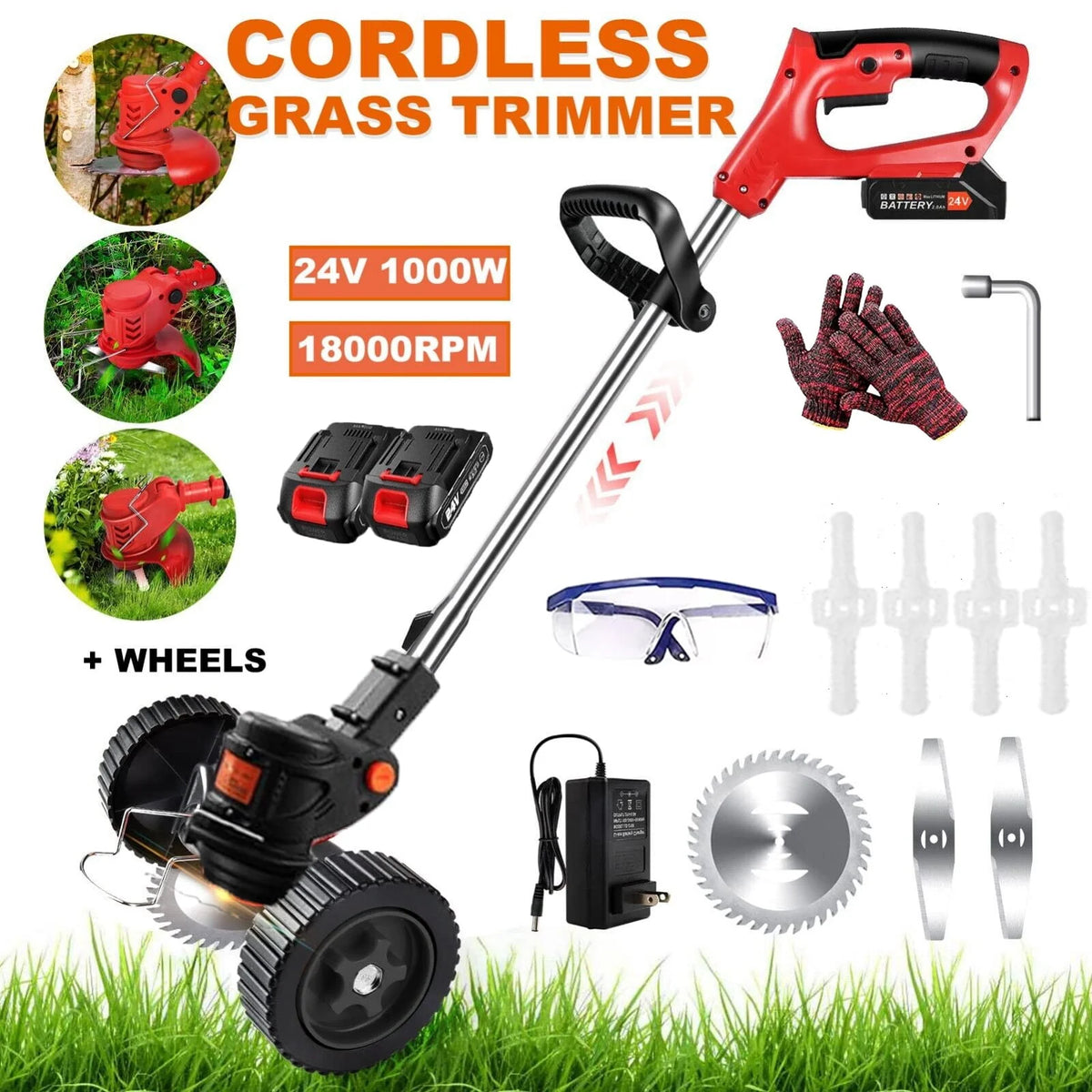 Cordless Electric Grass Trimmer with 3 Types Blades 2 Batteries W35475