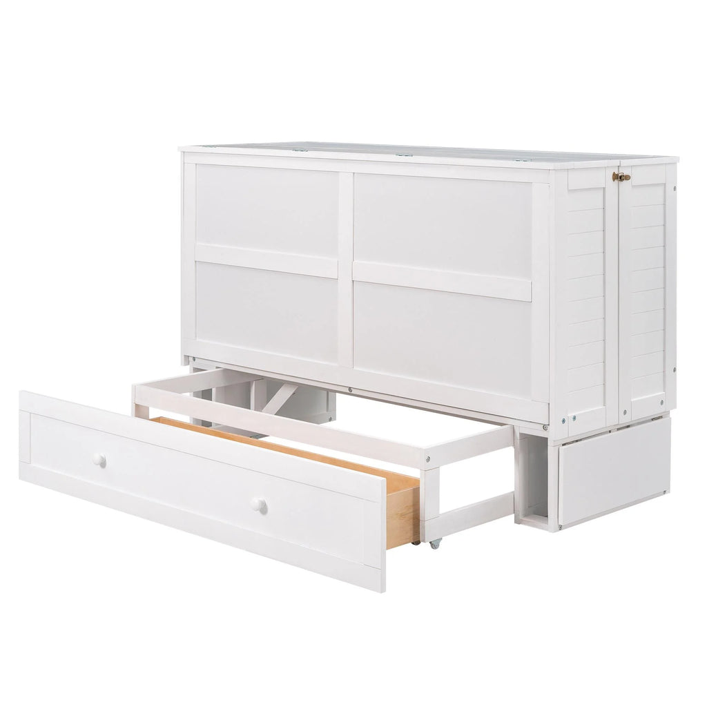 White Queen Size Wood Murphy Bed Cabinet with Storage Drawer P632