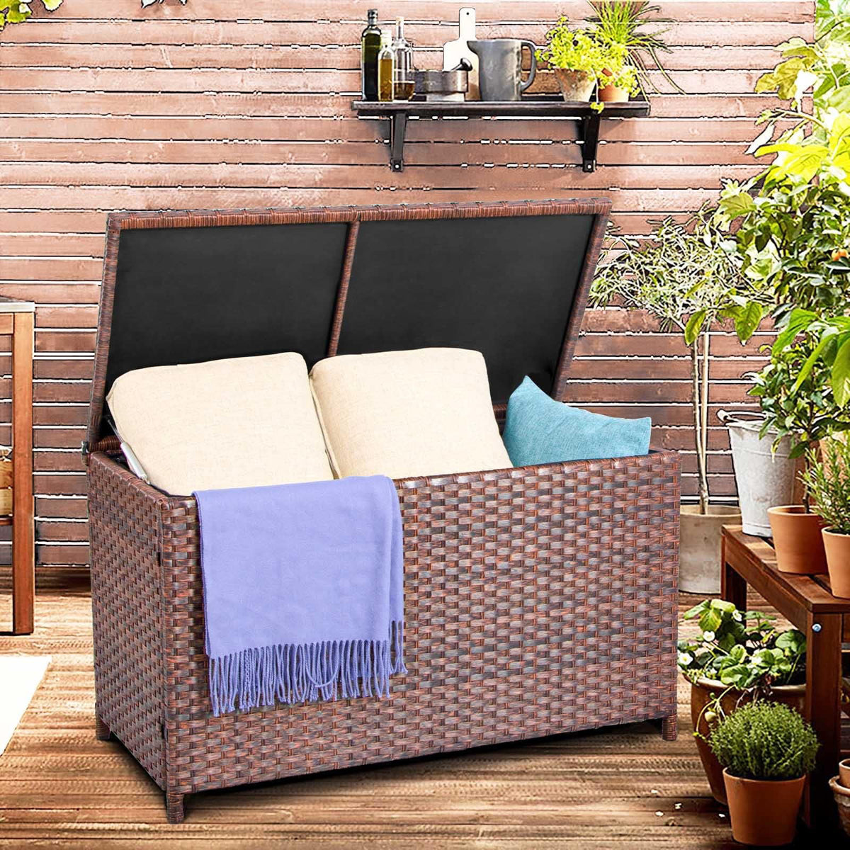 Outdoor Wicker Rattan Storage Box Table 70 Gallon M5339
