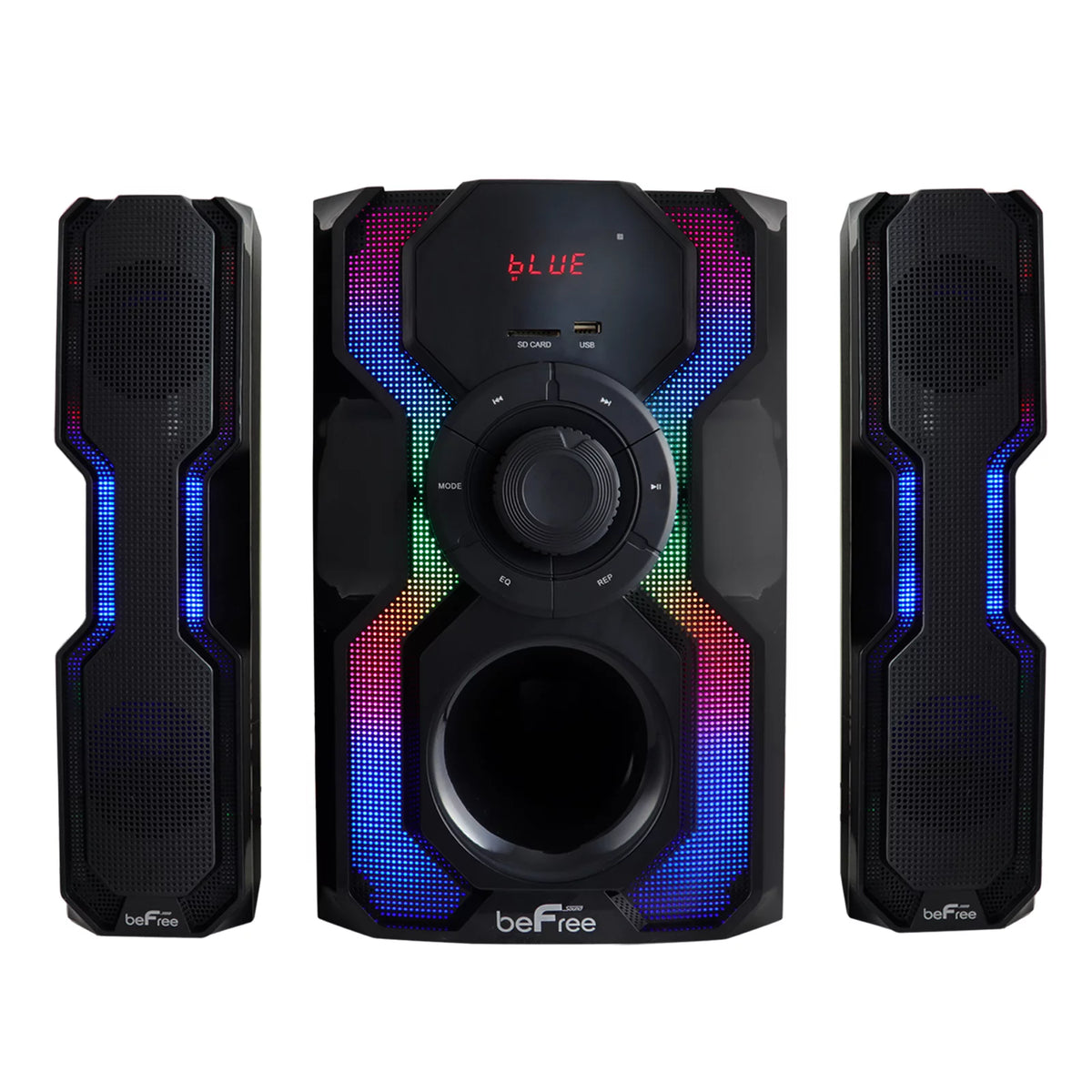 2.1 Channel Bluetooth Wired Speaker Stereo System with LED Lights, FM Radio, USB & SD Inputs - Black & Silver D345