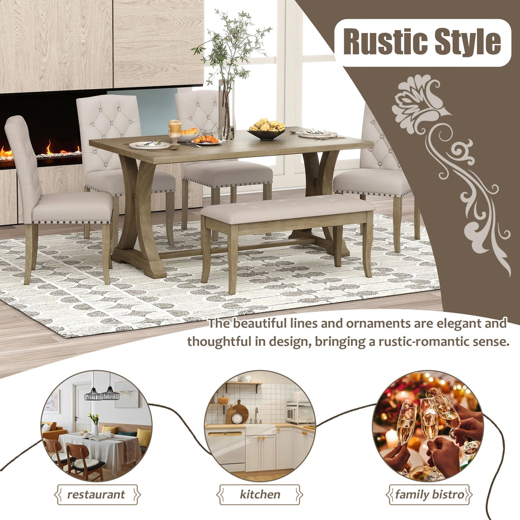 Natural 6 Piece Wood Dining Table Set with Bench and 4 Upholstered Chairs R653