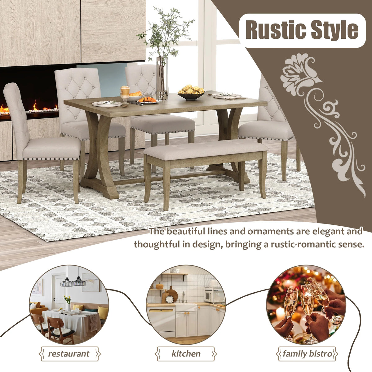 Natural 6 Piece Wood Dining Table Set with Bench and 4 Upholstered Chairs R653