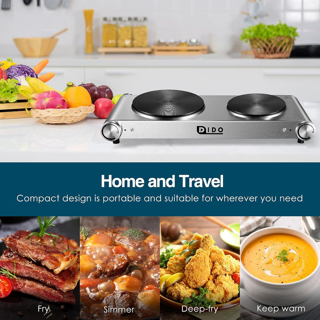 1800W Portable Electric Double Burner Hot Plate with Stainless Steel Cooktop F633