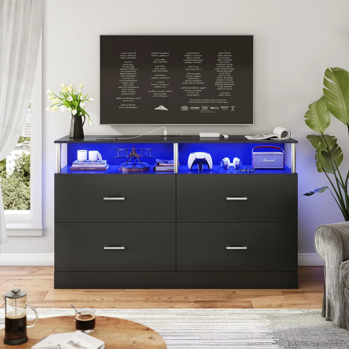 Black 6 Drawer Dresser with Charging Station and LED Light F3157