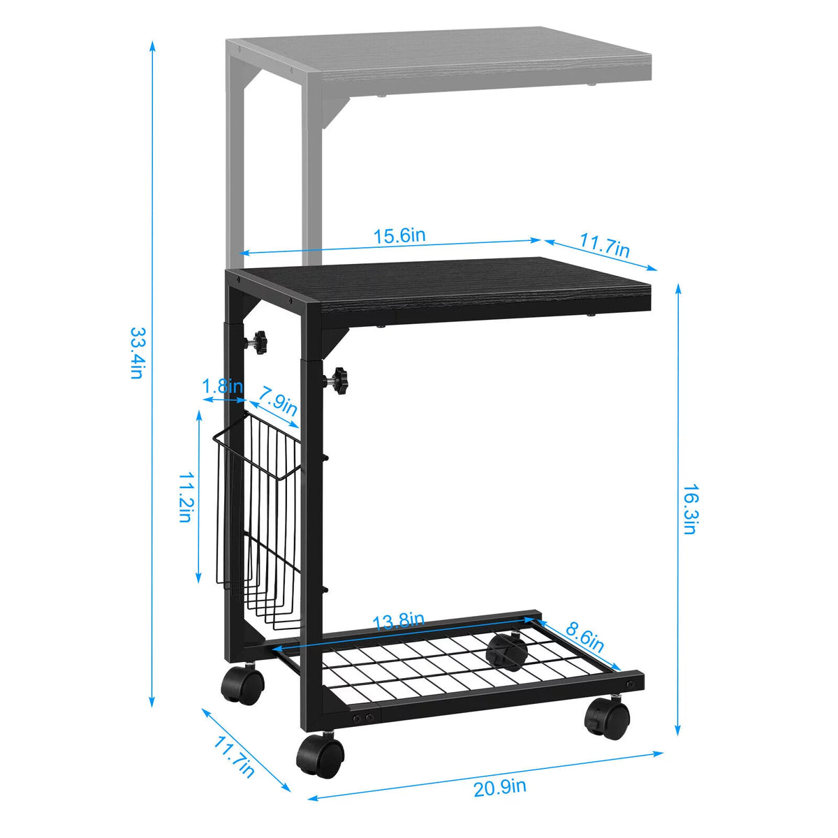C Shaped Side Table with Wheels & Storage Shelves H28882