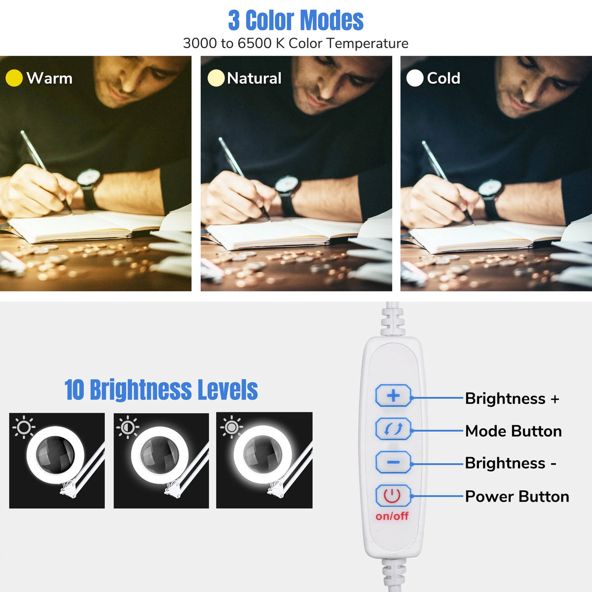 LED Magnifying Lamp Desk Light with Clamp Adjustable Arm O8135