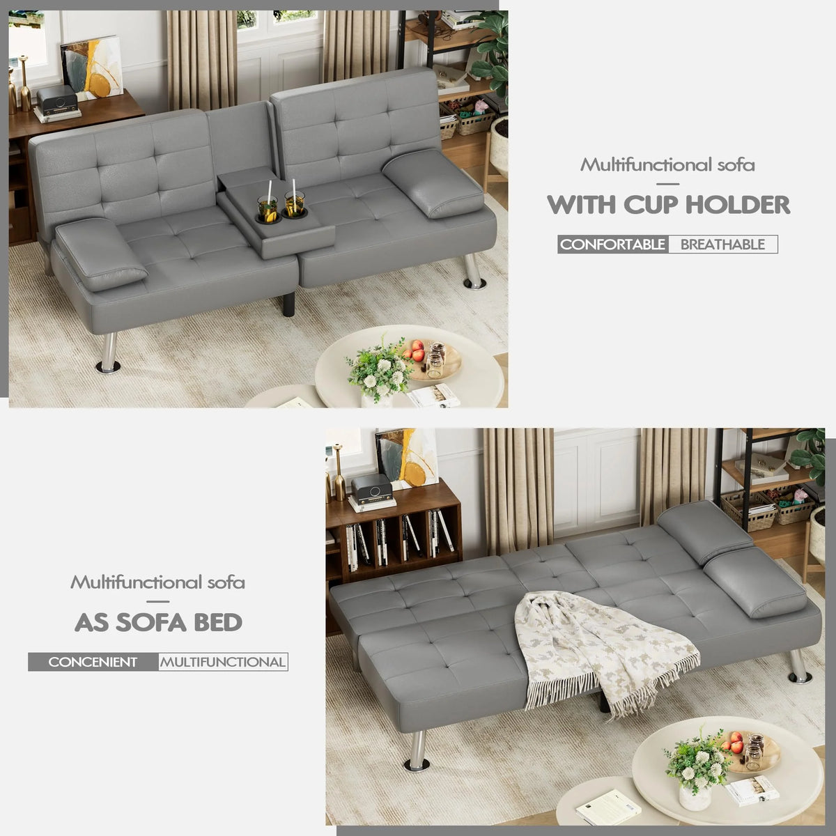 Grey Faux Leather Foldable Futon Sofa Bed with Removable Armrests I6308