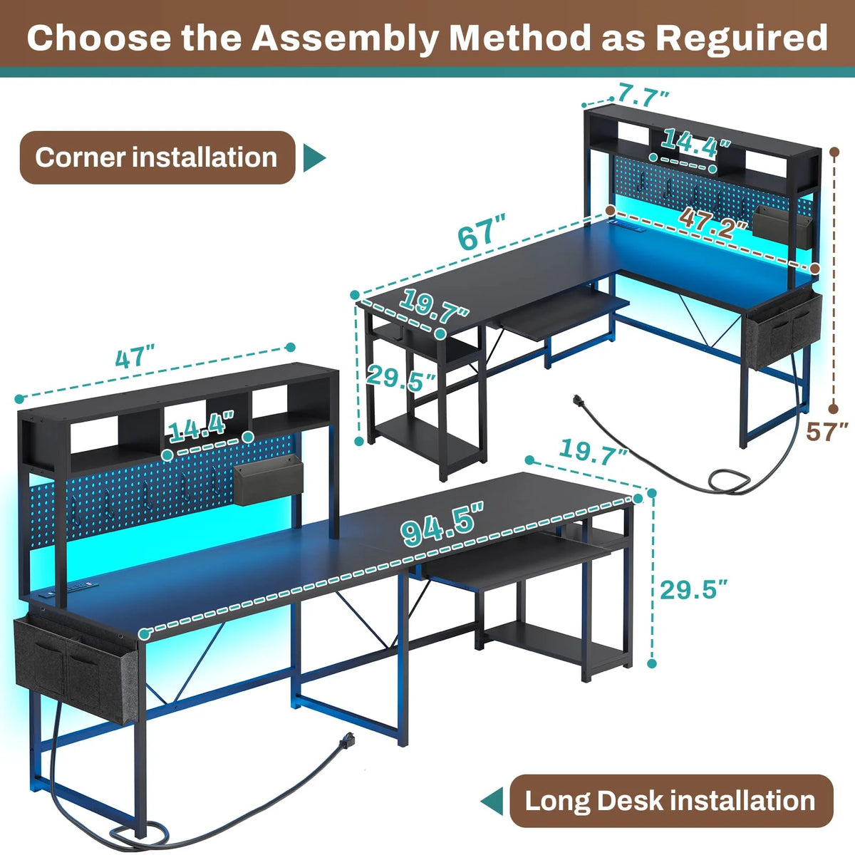 L Shaped Gaming Desk with Power Outlet and Led Light, Black M20547