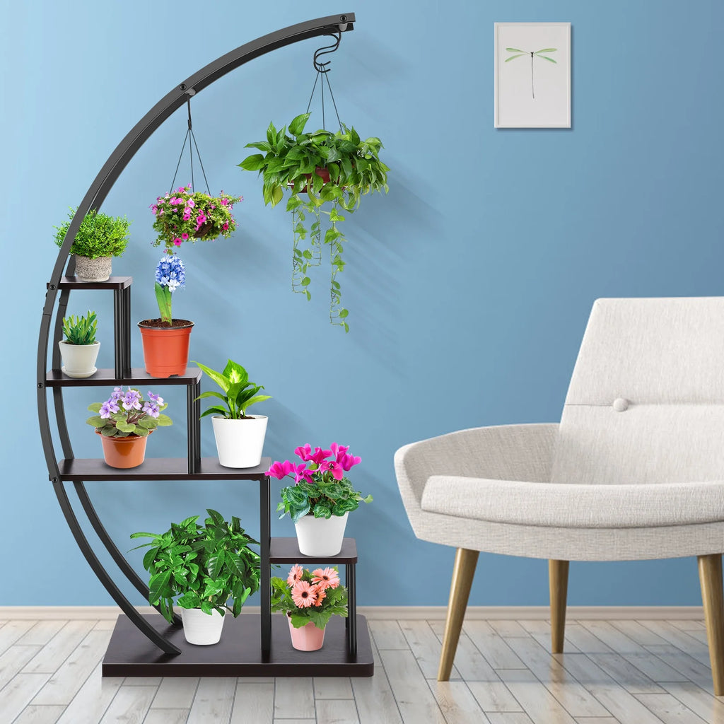 5 Tier Half Moon Shape Plant Stand with Hanging Hook V944822