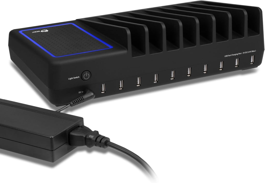 90W 10-Port USB Charging Station with Non-Slip Padded Deck and LED Ambient Light, Black, Pack of 2 D76236