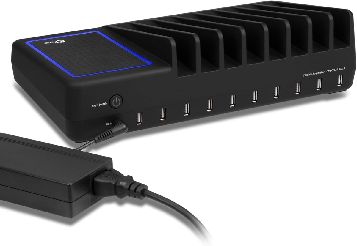 90W 10-Port USB Charging Station with Non-Slip Padded Deck and LED Ambient Light, Black, Pack of 2 D76236