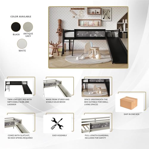 Antique Gray Wood Twin Loft Bed Frame with Slide, Climbing Ladder, Chalkboard, Guardrail B57193