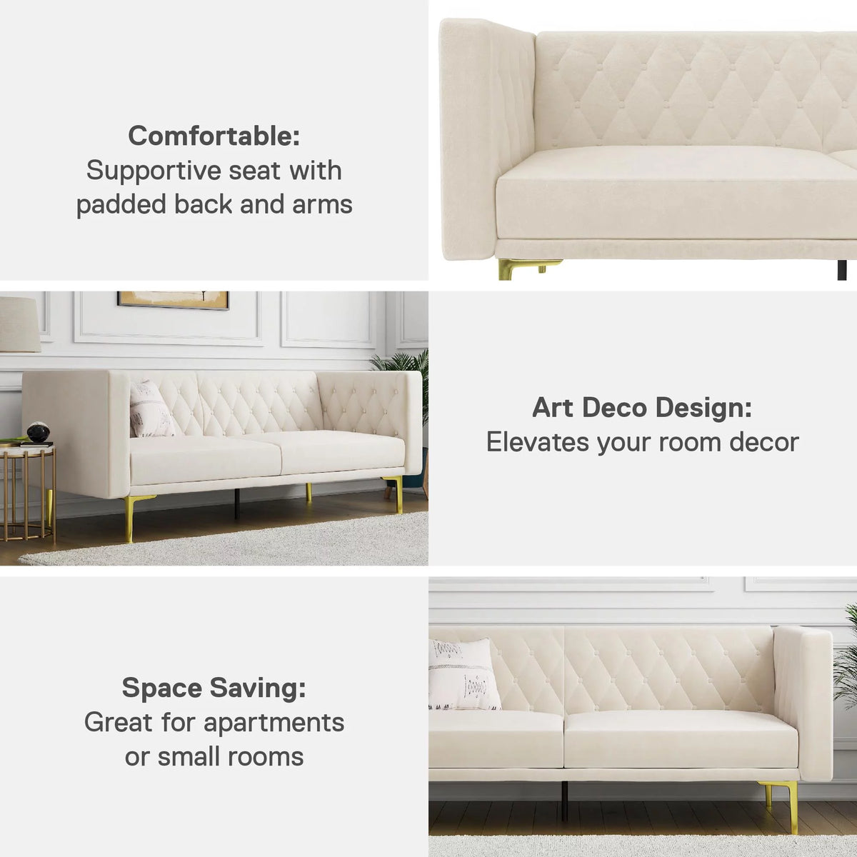 Ivory Velvet Sofa with Gold Finish Metal Legs D525