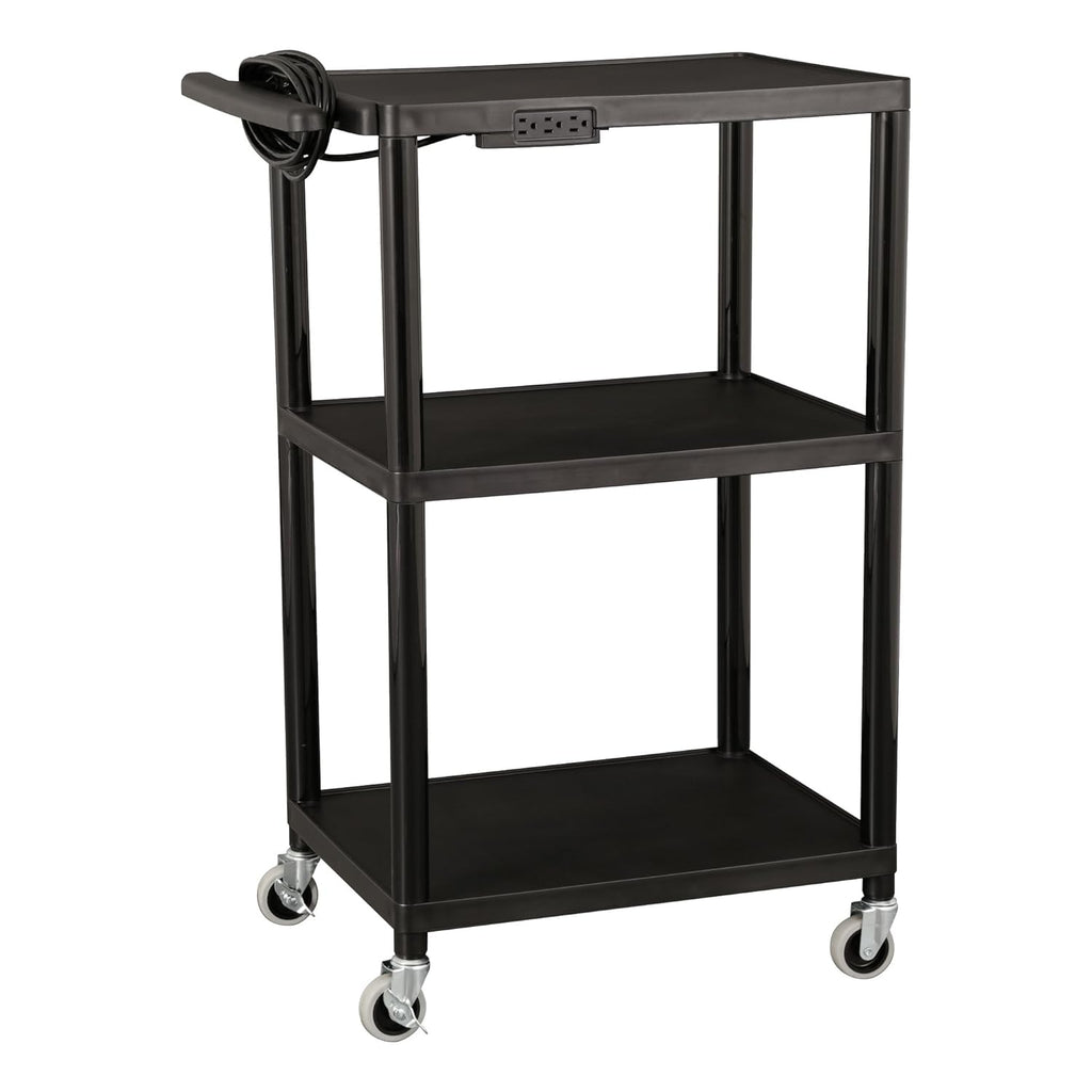 Black Plastic Utility AV Cart with Power Strip K8983
