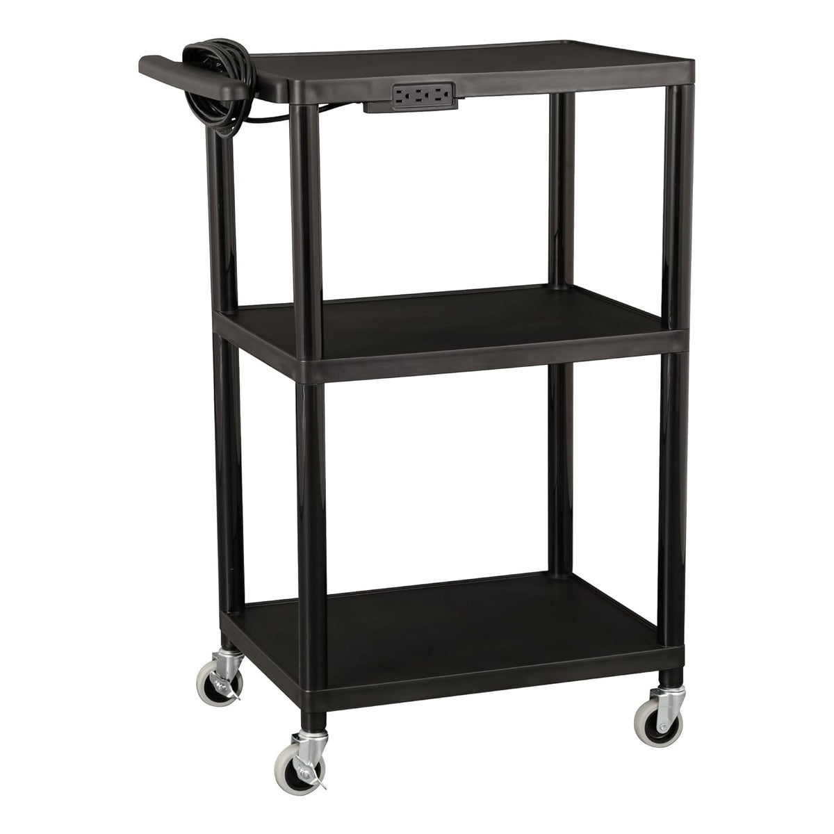 Black Plastic Utility AV Cart with Power Strip K8983