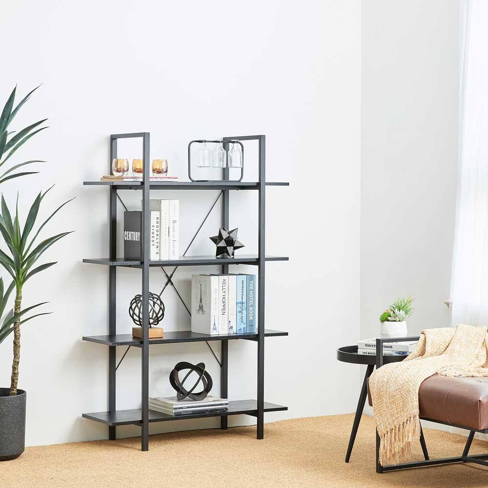 Black 4-Tier Wood Metal Bookcase T504681