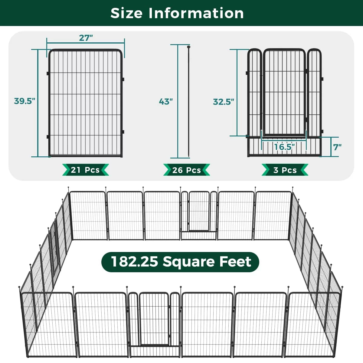 32 Panels 72ft L×40in H Black Metal Garden Fence with 2 Gates Q425