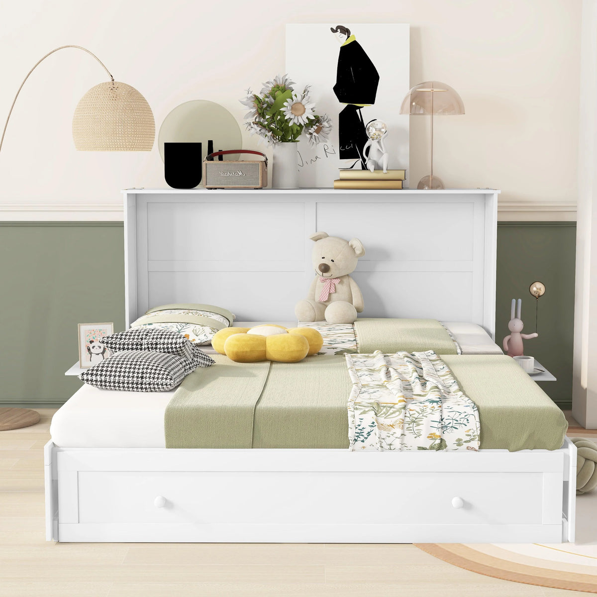 White Queen Size Wood Murphy Bed Cabinet with Storage Drawer P632