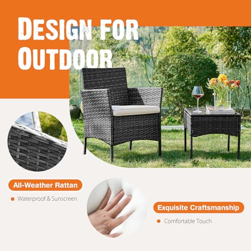 3 Pieces Wicker Rattan Patio Furniture Set with Cushion and Glass Table K128043