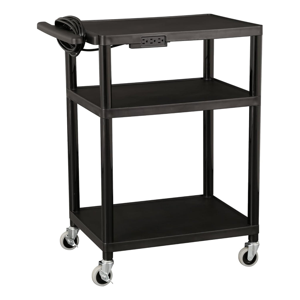 Black Plastic Utility AV Cart with Power Strip K8983