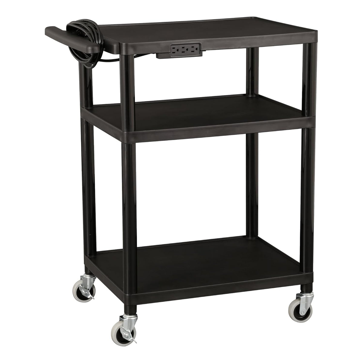 Black Plastic Utility AV Cart with Power Strip K8983