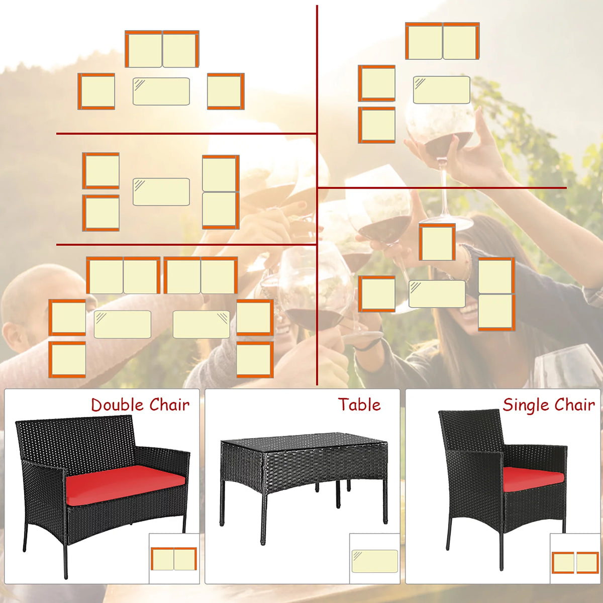 4 Pcs Cushioned Patio Rattan Furniture Set D400