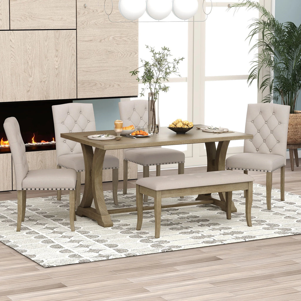 Natural 6 Piece Wood Dining Table Set with Bench and 4 Upholstered Chairs R653