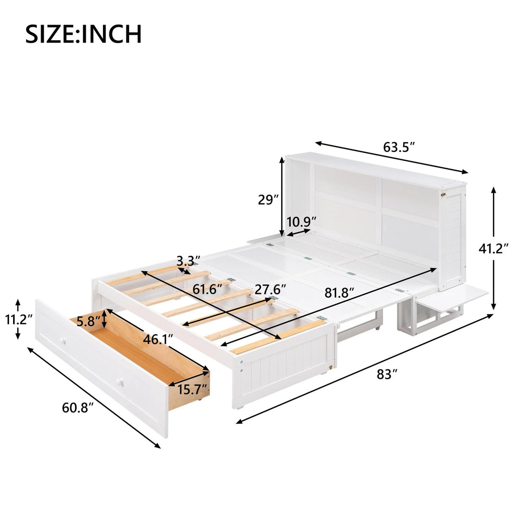 White Queen Size Wood Murphy Bed Cabinet with Storage Drawer P632