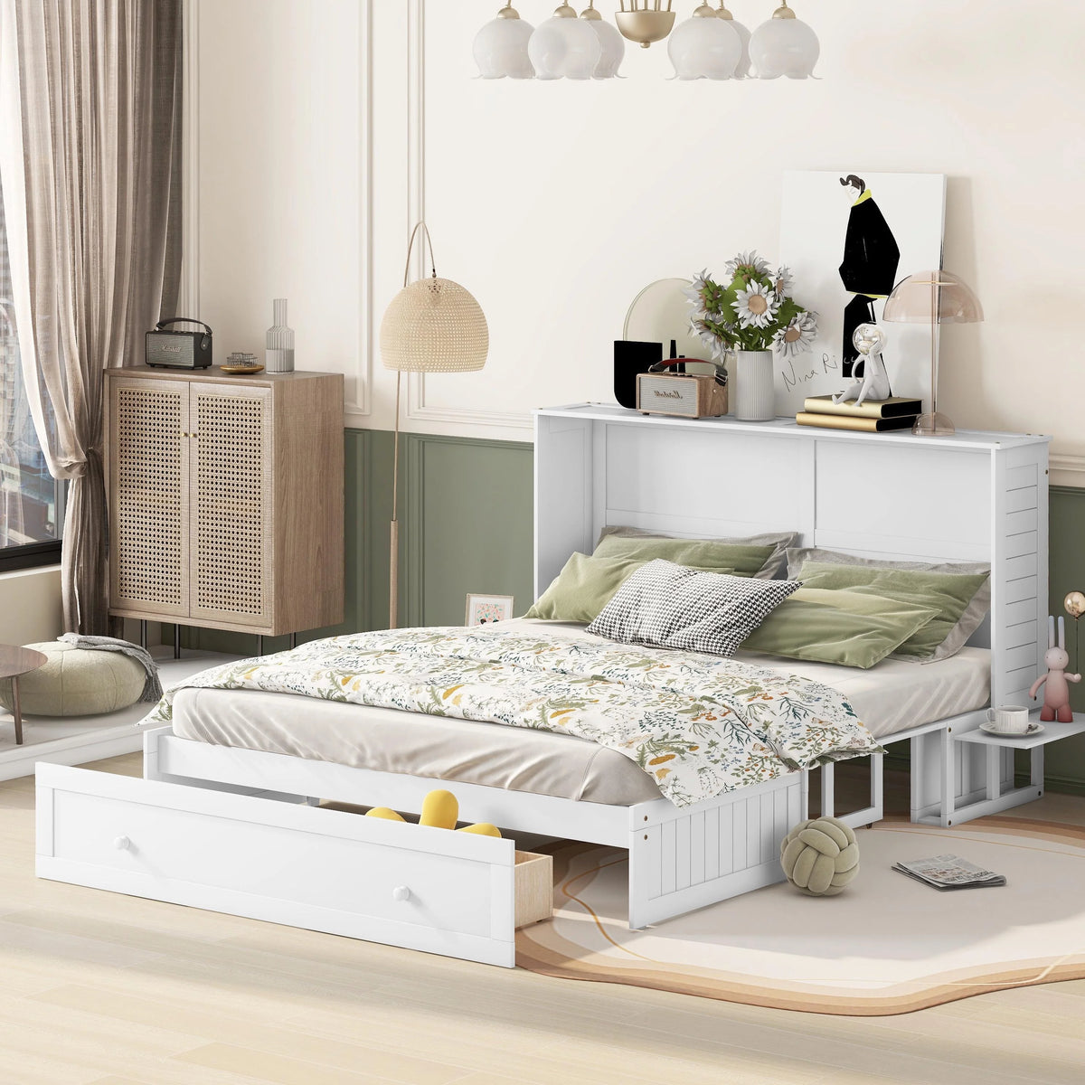 White Queen Size Wood Murphy Bed Cabinet with Storage Drawer P632
