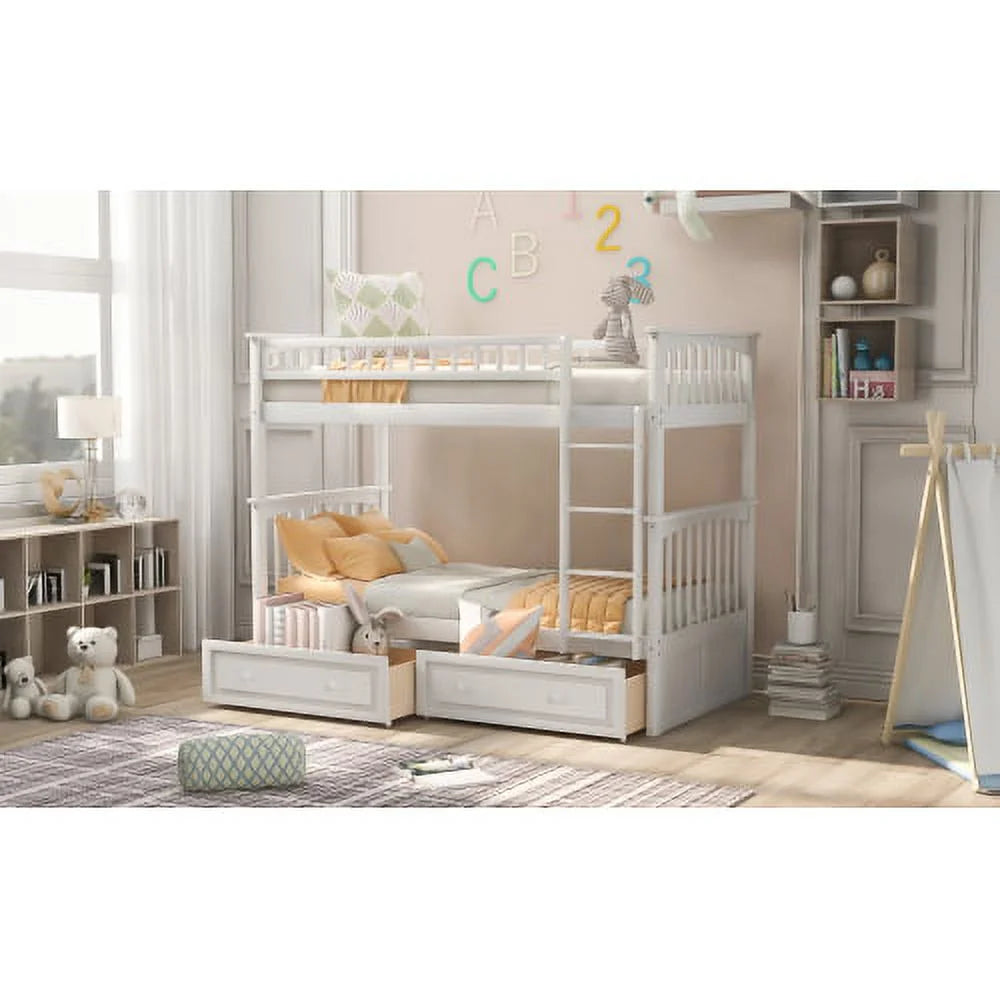 White Twin over Twin Bunk Bed with Drawers O582910