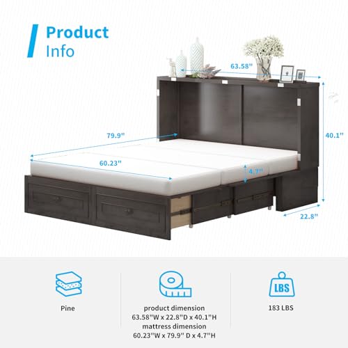 Queen Size Murphy Bed with Tri-Folding Mattress and Storage Drawers B9845