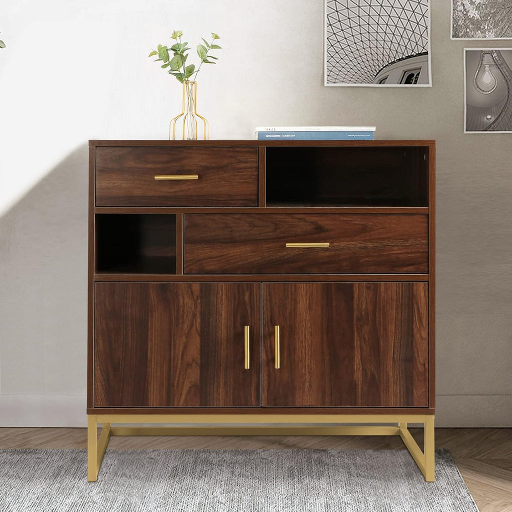 Walnut Wood 2 Doors Accent Storage Cabinet with Drawers and Shelves R494