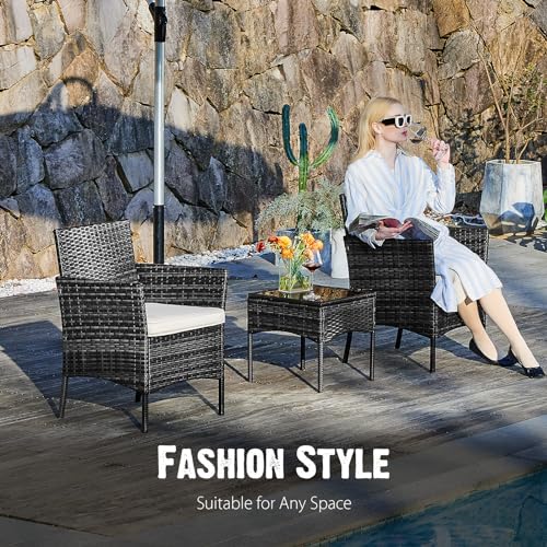 3 Pieces Wicker Rattan Patio Furniture Set with Cushion and Glass Table K128043
