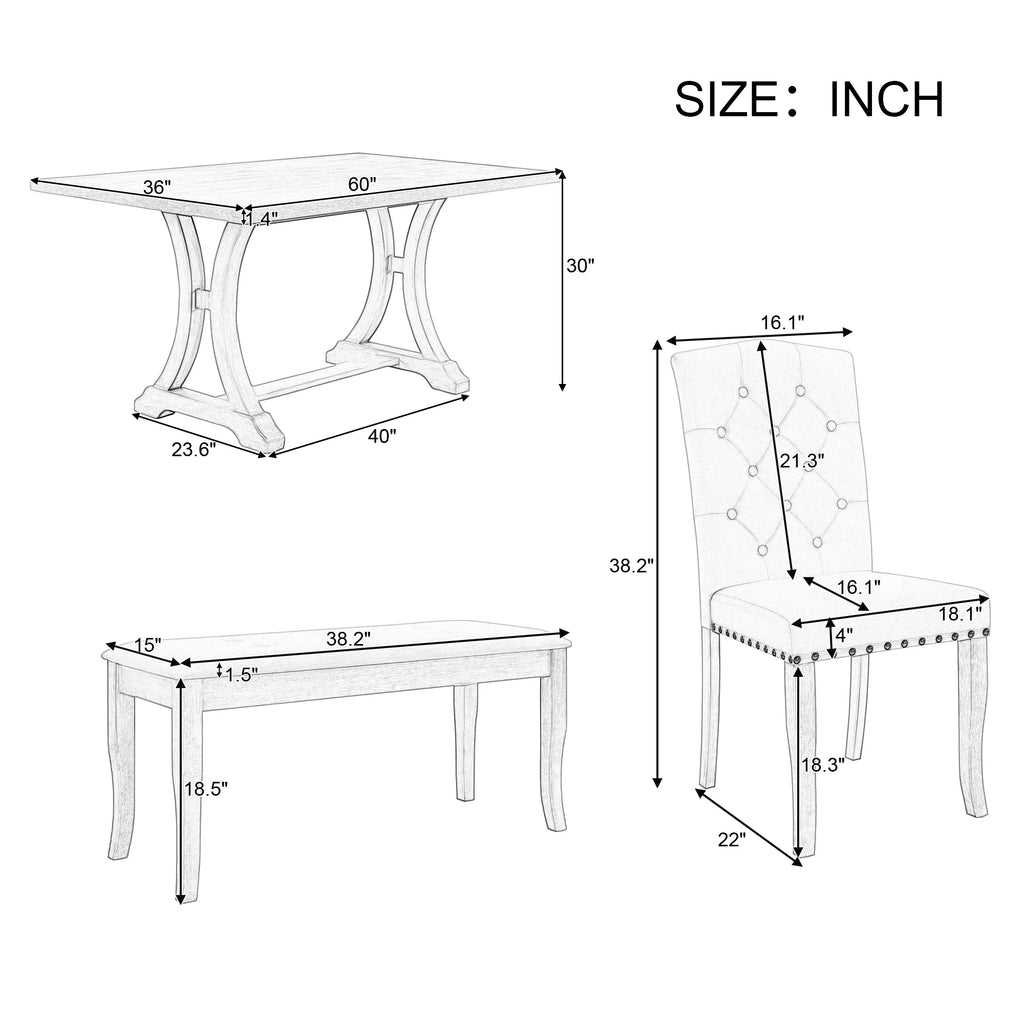 Natural 6 Piece Wood Dining Table Set with Bench and 4 Upholstered Chairs R653