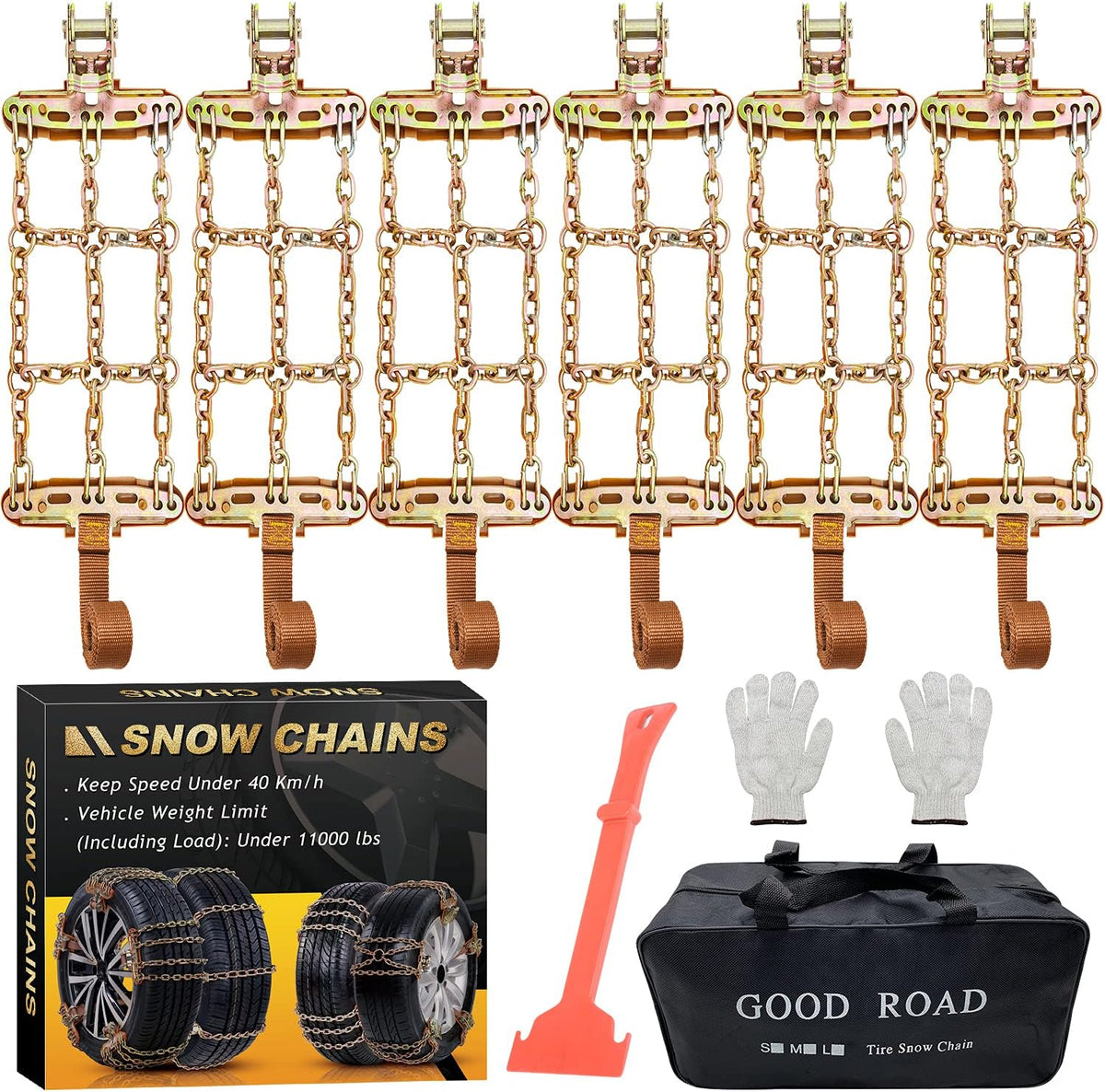 Snow Chains 6PCS Adjustable Tire Width 6.5-8.8in I278