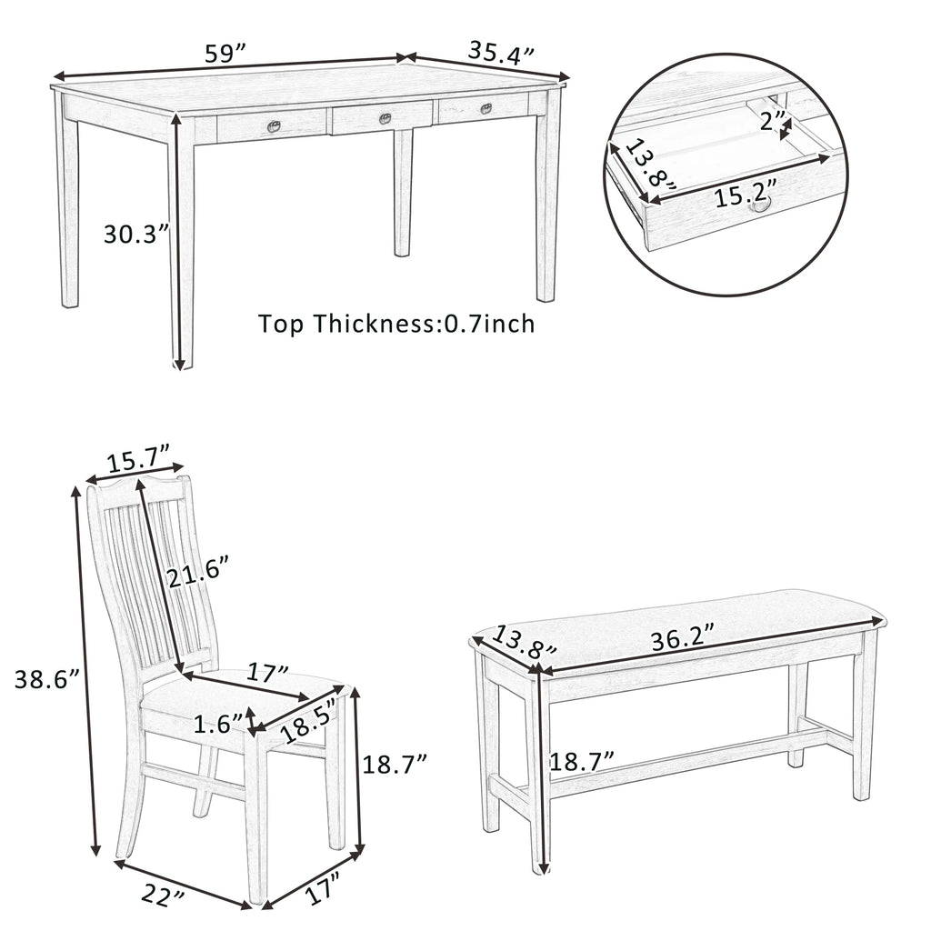 6 Pieces Wood Dining Table Set with Drawer and Bench Q18848