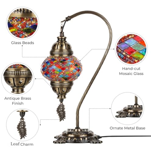 Turkish Moroccan Mosaic Table Lamp Handcrafted Tiffany-Style Colorful Glass Swan Neck Bedside Desk Table Light Boho Artisan Accent Lighting 15" H Black White Q3311