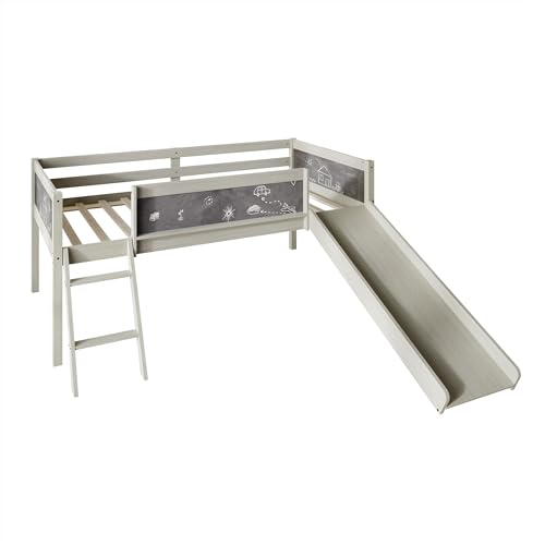 Antique Gray Wood Twin Loft Bed Frame with Slide, Climbing Ladder, Chalkboard, Guardrail B57193