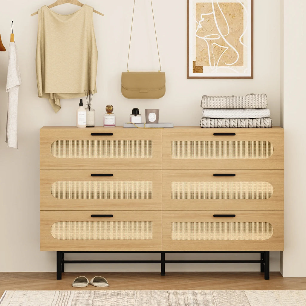 6 Drawer Natural Rattan Wood Dresser G9281